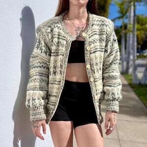 VTG Chunky Knit Cardigan 80s Thick White Sweater Cozy Slouchy Button-Up SMALL